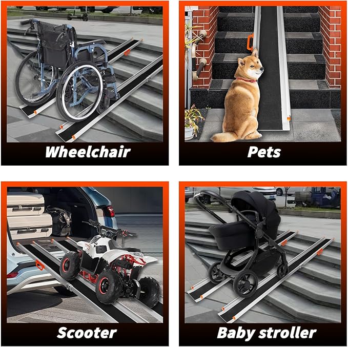 PENSUN Adjustable Aluminum Wheelchair Ramp, 4.5-8 FT Folding Non-Slip Aluminum Handicap Ramp, Non-Skid Portable Foldable Wheelchair Ramps for Home Steps, Stairs, Car, Curbs, Doorways