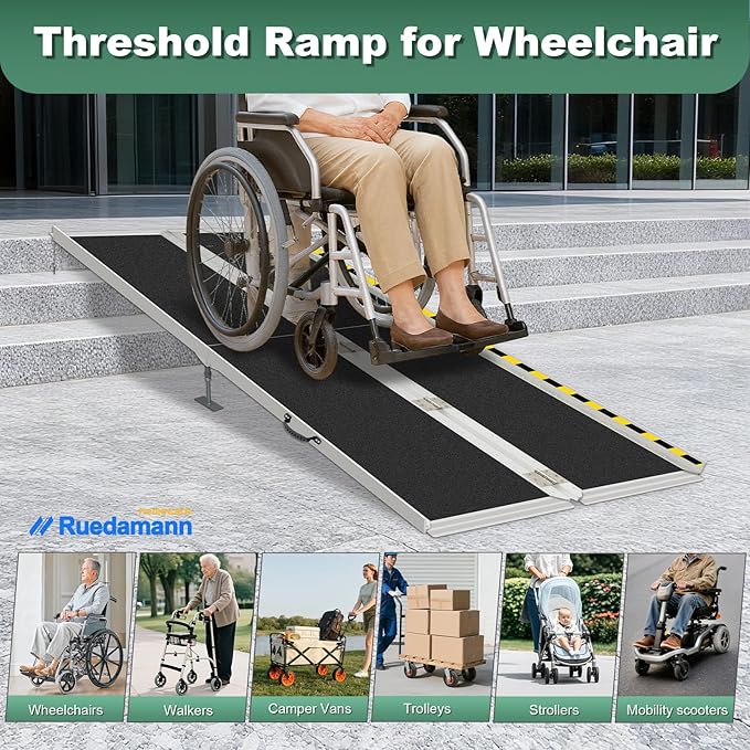 Ruedamann 8FT Wheelchair Ramp, 600Lbs Capacity, Non-Slip Threshold Ramp, Portable Aluminum Folding Handicap Ramp, Wider Design, Mobility Ramp for Home, Wheelchairs, Steps, Stairs, Doorways, Curbs