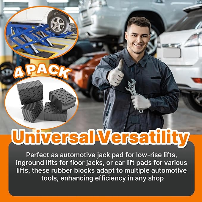 4 Pack 6-3/8" x 4-3/4" x 3.15" Solid Rubber Auto Lift Block Pads, Heavy-Duty Rubber Blocks for Car Lift Pads, Lift Blocks, Camper Stabilizer Jack Pads-Anti-Slip Texture,4000lb Capacity