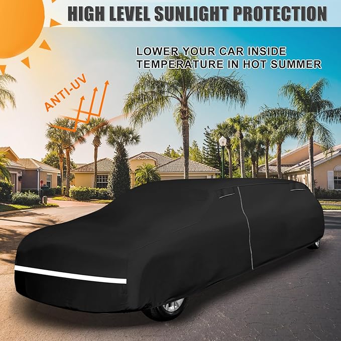 Waterproof Car Cover Compatible with Cadillac/Chrysler/Lincoln Limousine Up to 26-28 ft Car Accessories, Black All Weather Car Covers with Zipper&Lock for Car Dust Snow Rain Hail Protection
