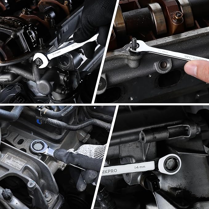 WORKPRO Ratcheting Wrench Set, Metric, 5-piece Ratcheting Combination Wrench Set, 10mm, 11mm, 13mm, 14mm, 15mm, 12-Point, CR-V Steel, with Organizer Rack