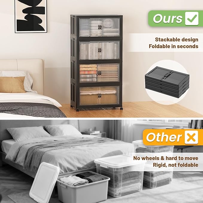 SAILUN 260Qt Stackable Storage Bins Folding Collapsible Storage Bins with Lid, Closet Organizers and Storage Box with Door Black 22" W x 13" D x 50" H