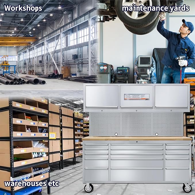 CHETTO C 72” Tool Chest Rolling with 15 Storage Drawers 3 Upper Cabinet Wheels Pegboard Workbench Easy to Operate and Store Stainless Steel