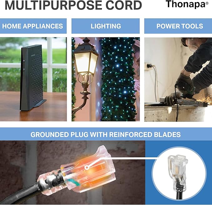 THONAPA 12 Gauge Heavy Duty Extension Cord 10 Ft, SJTOW Oil Resistant & Flame Retardant Black Extension Cord with 3 Prong 10 Foot, 12/3 Black Outdoor Electrical Cable Great for Farm, Ranch & Workshop