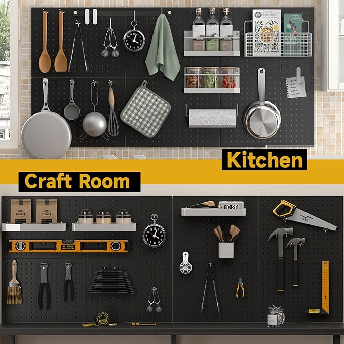 74PCS Pegboard Wall Organizer, 4 Pack Metal Pegboard Panels with 70 Hooks, 32" x 24" or 64" x 12" Black Peg Board for Walls, Garage, Craft Room, Cold-Rolled Steel