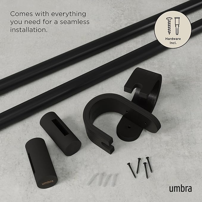 Umbra Bellwood Curtain Rod for Window Drapery, Adjustable Length 42" to 120", Set Includes Finials and Mounting Hardware, Black