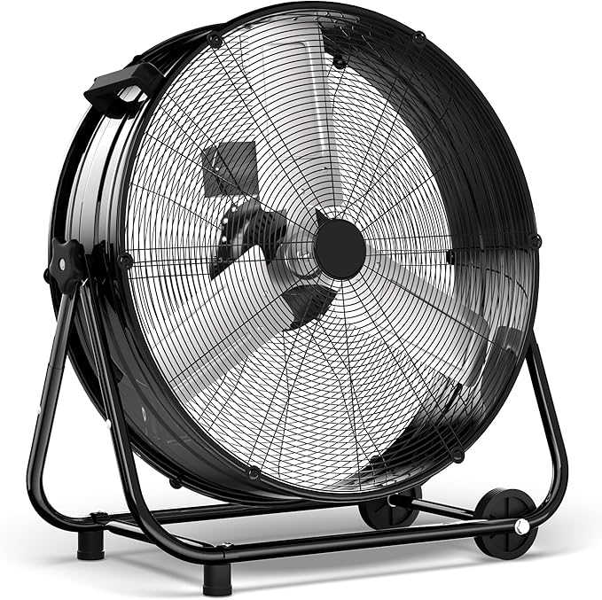 Uthfy 24 Inch Heavy Duty Industrial Drum Fan, 320W High Velocity Floor Fan with 3 Speeds, 360° Tilt Metal Garage Fan for Warehouse, Commercial, Workshop, Factory and Basement, Black