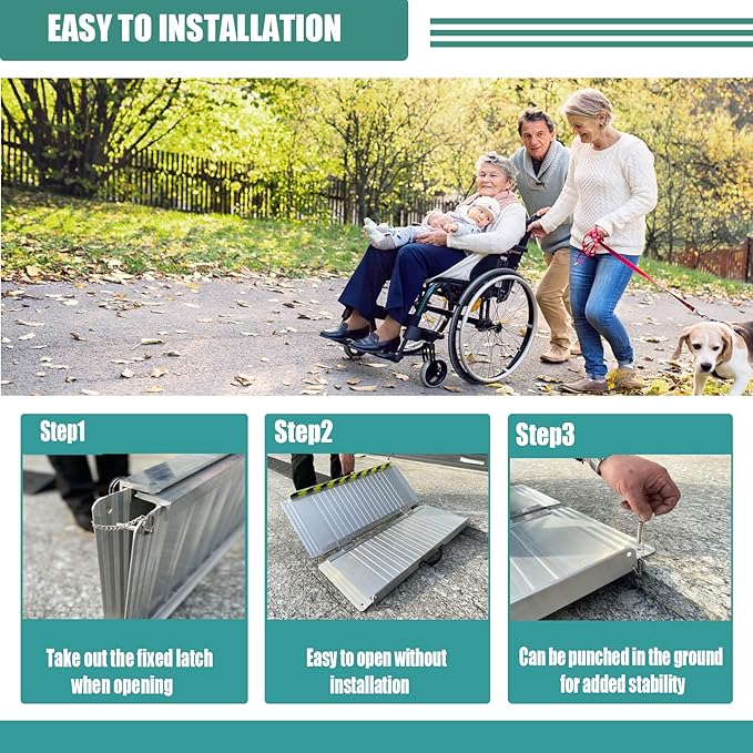 Non-Skid Folding Portable Wheelchair Ramp for Home Steps Stairs Doorways Scooter Lawn Mower, Handicap Ramp, Threshold ramp, Moving ramp (Single, 3 Foot)