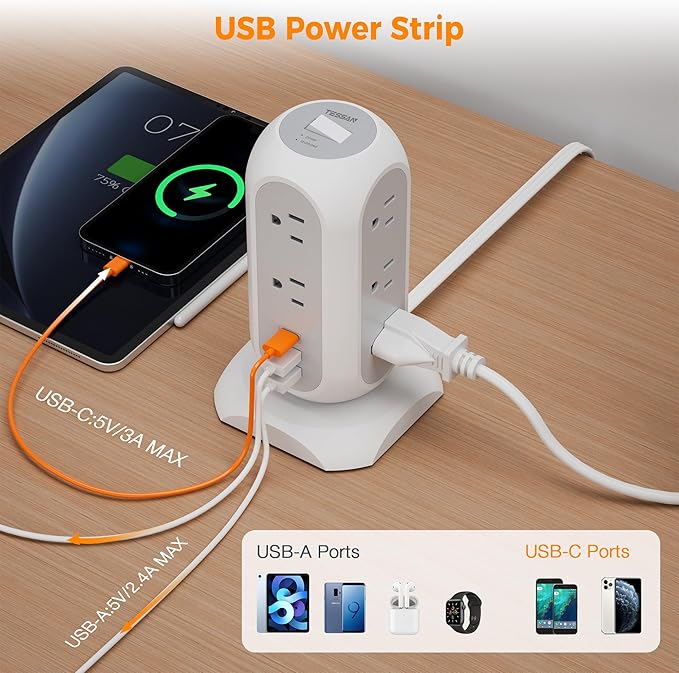 TESSAN Tower Power Strip Flat Plug with 11 Outlets 3 USB (1 USB C), Surge Protector Tower 1625W/13A,1050J Protection, 10 Feet Extension Cord with Multiple Outlets, Dorm, Office Desk Supplies, Grey