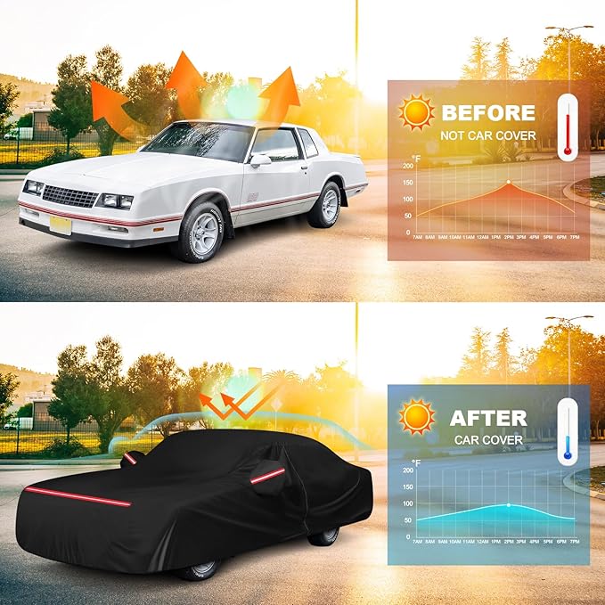 QUNSUNUS Car Cover for Chevy Monte Carlo 1970-1972 and 1978-1988, Waterproof Car Covers with Cotton Lining, All Weather Monte Carlo Cover with Straps and Zipper for Wind, Sun and Dust Protection
