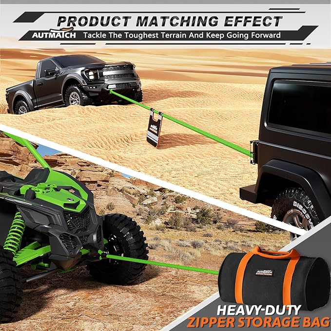 AUTMATCH Kinetic Recovery Tow Rope 1" x 30FT - Heavy Duty Energy Recovery Tow Rope 48000Lbs, 35% Elasticity Offroad Snatch Strap for 4x4 Off-Road Vehicle, Truck, Trailer, ATV, UTV, Green