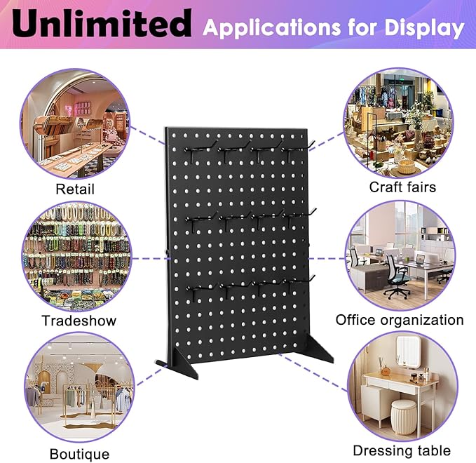 Acfunique 2 Pack Peg Board Display Stand for Vendors with 24 Hooks Metal Tabletop Pegboard Display Stand for Craft Shows 17" X 13" Retail Display Racks Peg Board Organizer Holder Black