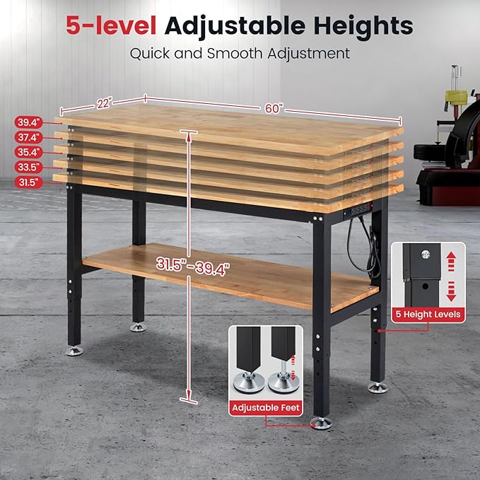 ENJOYWOOD 60" x 22" Heavy Duty Workbench Adjustable Height Garage Work Table with Solid Rubberwood Top, Pegboard & Power Outlets for Workshop, Home & Office