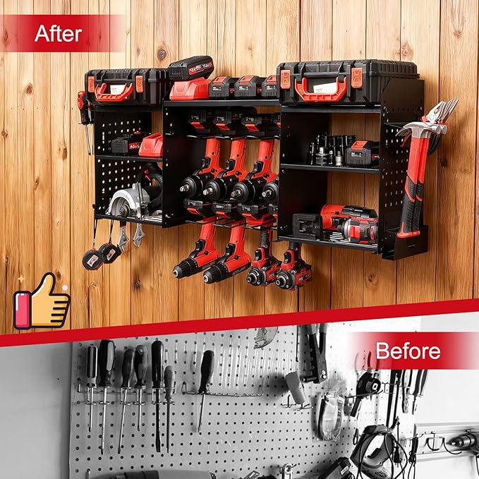 3 layers power tool organizer Loads 150lbs with 8 Cordless Drill Holder and 8 Outlet Power Strip,it’s good choice for husband birthday gift,black