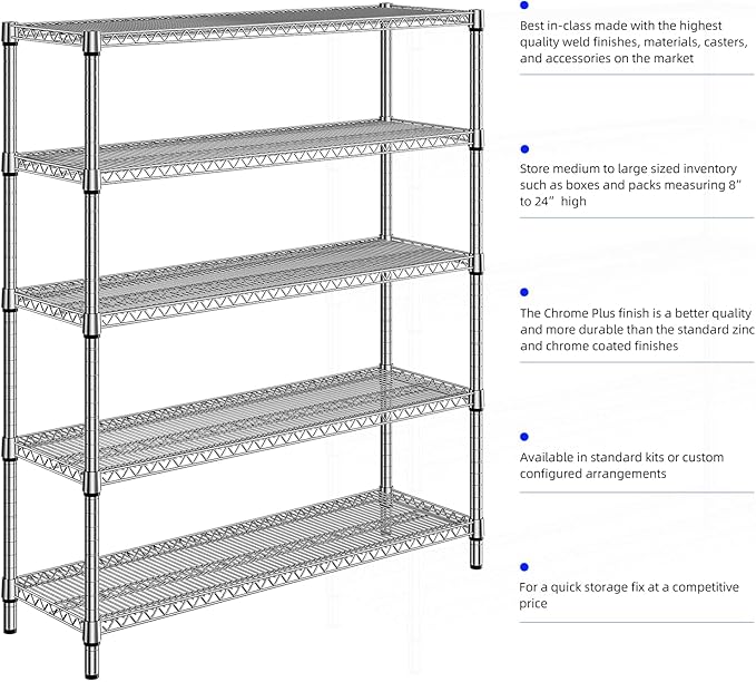 M MZG 3500LBS 59" W 5 Tier Storage Shelves Rack Metal Wire Shelving Unit, Storage Standing Shelf Organizer for Laundry Bathroom Kitchen Pantry Closet Garage, Chrome 17.7" D x 59.1" W x 70.4" H