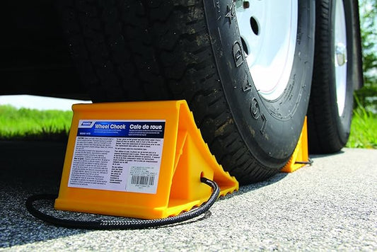 Camco 44472 Wheel Chock with Rope for Easy Removal, Helps Keep Your Trailer or RV in Place (Pack of 2), Yellow