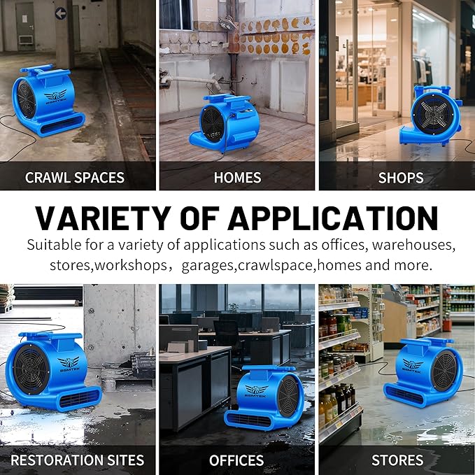 Air Mover Blower Fan, Industrial 1.5HP MAX10000CFM Monster Floor Blower Carpet Dryers - 3 Speeds, 4 Adjustable Angles, 15FT Long Cord, Stackable Blue- 2026 Upgraded