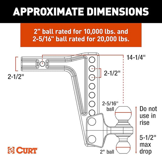 CURT 45939 HD Deep-Drop Adjustable Trailer Hitch Ball Mount with Dual Ball, 2-1/2" Shank, Up to 20,000 lbs