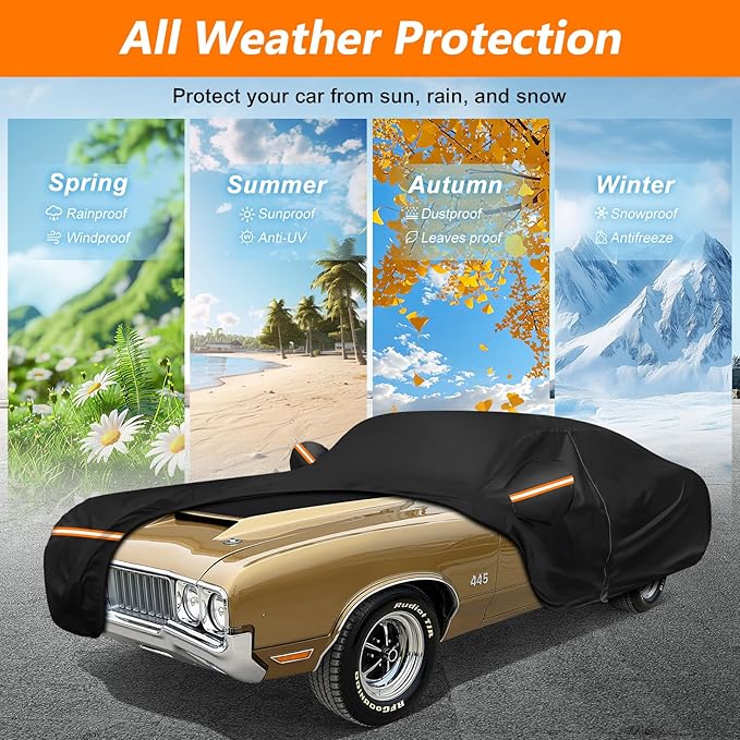 Car Cover for Oldsmobile Cutlass 1966-1980/1988, Waterproof 420D Oxford Cloth and Cotton Cover Outdoor Full Car Covers with Zipper Windproof Heavy Duty All Weather Protection