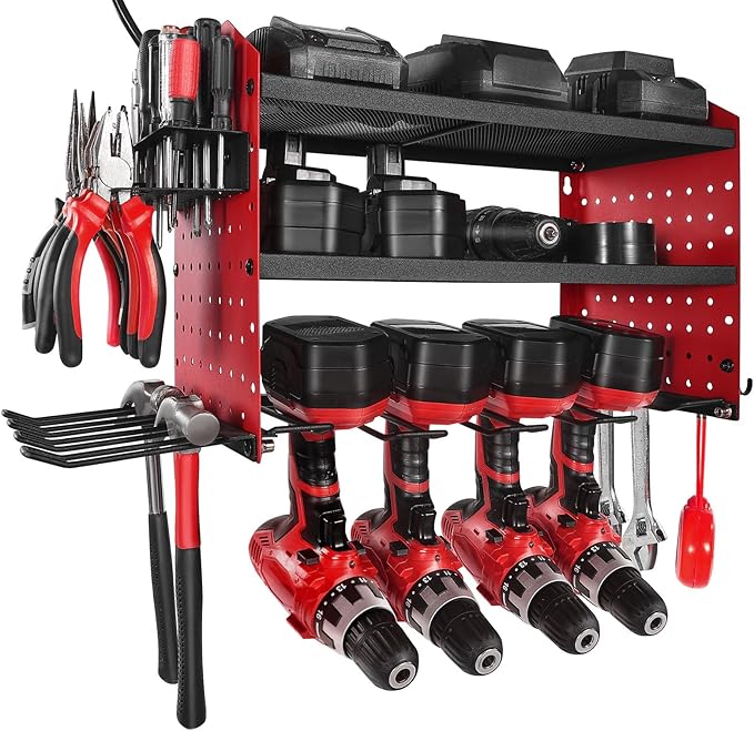 VEVOR Power Tool Organizer with Charging Station, 3-Layer Drill Storage Rack with 4 Drill Holders & Side Pegboard, Garage Tool Organizer Built in 8 Outlet Power Strips for Garage, Workbench, Workshop