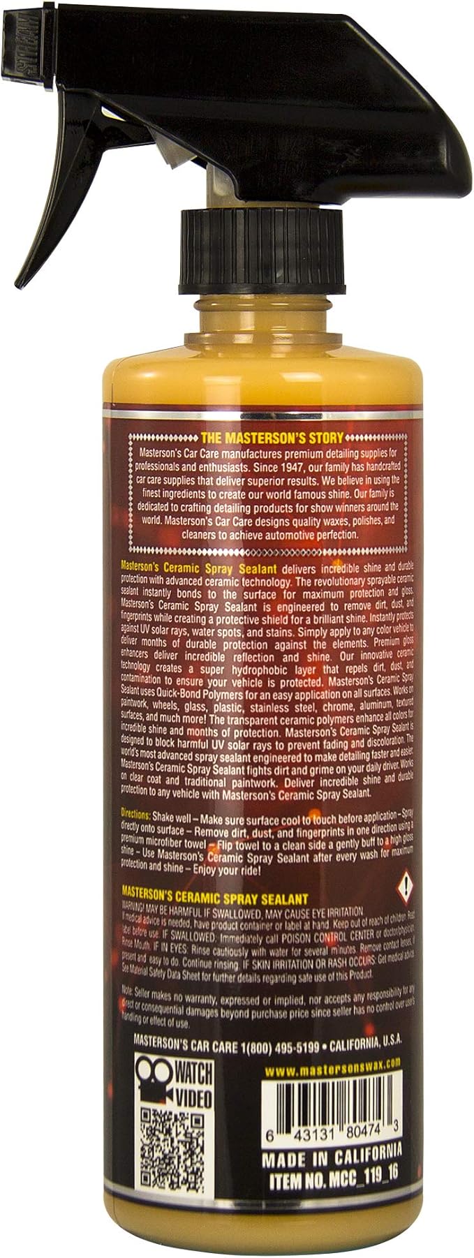 MASTERSON'S CAR CARE MCC_119 Ceramic Spray Sealant – Advanced Hydrophobic Sprayable Coating – Repels Water Spot and Dirt – Instant Showroom Shine (16 oz.)