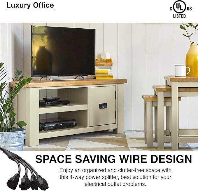 4 Way Power Splitter - 1 to 4 Extension Cord Splitter, 1.5' Short Extension Cord UL Listed, Outlet Splitter 3 Prong, Power Strip Outlet Plug, Y Style Extension Cord, Black, SJT 16 AWG by Luxury Office
