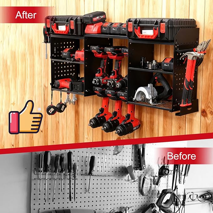 3 layers power tool organizer Loads 150lbs with 6 Cordless Drill Holder and 6 Outlet Power Strip,it’s good choice for husband birthday gift,black