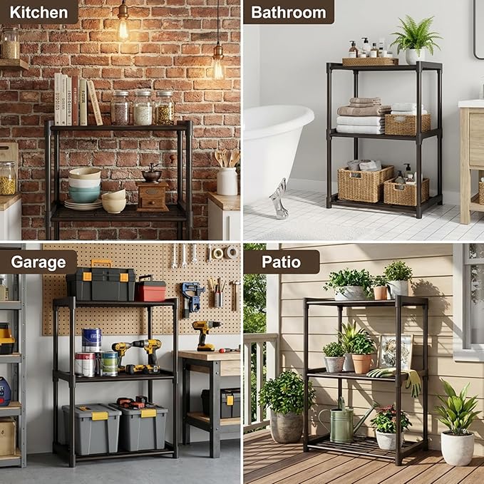 3-Tier Storage Shelves with Plastic Connectors – Metal Shelf Organizer for Pantry, Closet & Bathroom, Space-Saving Sturdy Shelving Unit Rack, Black, 17.3" x 12.8" x 28.9"