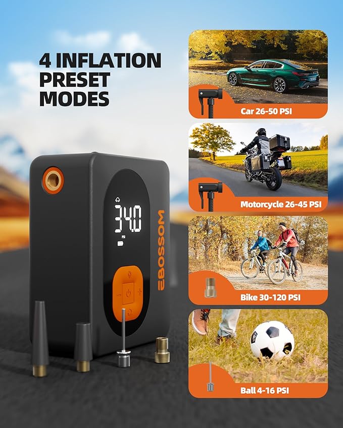 EBOSSOM Tire Inflator Portable Air Compressor Cordless Bike Pump with Digital Dual Values Display, 130 PSI Car Tires Pump with LED Lights Air Pump for Bikes, Motorcycles, Balls(15cm Car Air Hose)