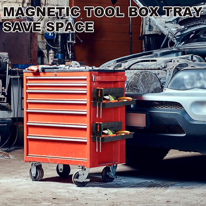 Tandefio 2 Pcs 12" Magnetic Tool Box Tray with Screwdriver Holder Magnetic Can Holder Spray Can Organizer Magnetic Tool Shelf for Hand Tools Store Shop Workshop Garage, Holds 6 Screwdrivers (Black)