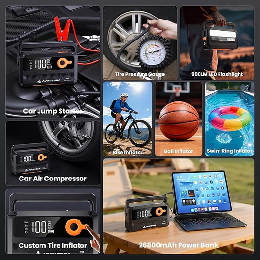 9-in-1 6000A Car Battery Jump Starter with Air Compressor 26800mAh, 150PSI 12V Portable Jump Box with Auto-Shutoff Tire Inflator, 3 Modes Flashlight and Jumper Cables(All Gas/12L Diesel)
