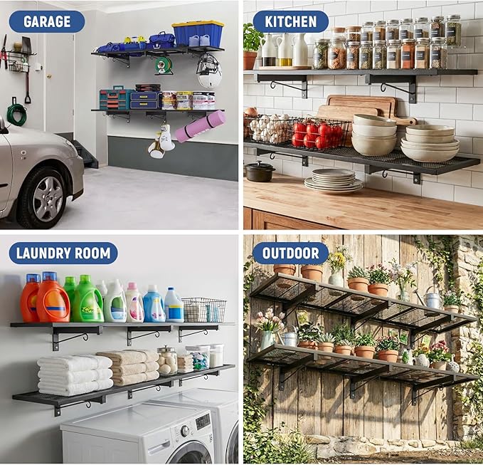 2 Pack Garage Wall Shelf, Heavy Duty Garage Shelving, 46"X 12.5" Wall Mounted Floating Shelves, Metal Hanging Storage Rack with 8 Hooks, Utility Organizer Max Load 320 LBS for Laundry Room, Workshop