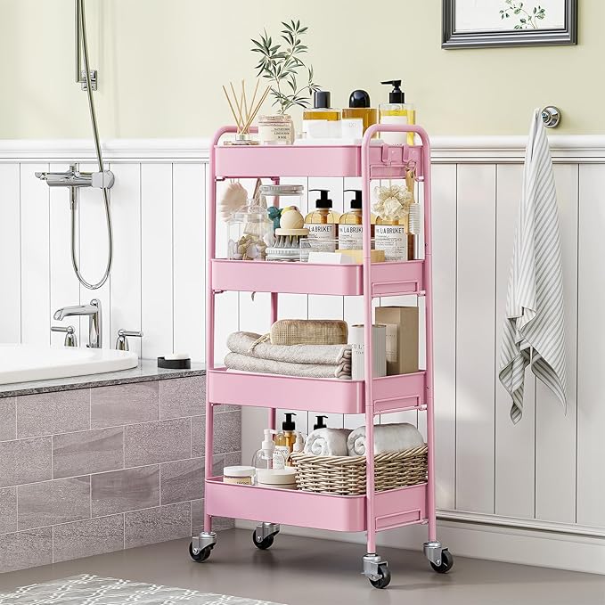 TOOLF 4-Tier Rolling Cart - Metal Storage Organizer with Lockable Wheels, 44 lbs Per Shelf Capacity, Tool-Free Assembly, for Kitchen Bathroom Office Laundry Room Nursery, Pink