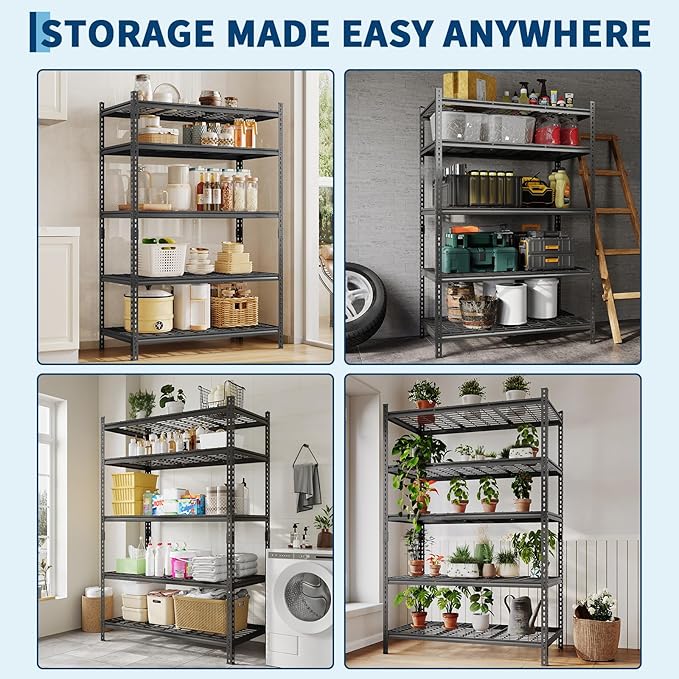 Garage Shelving 2200 LBS Storage Shelves Adjustable Metal Shelving Unit Heavy Duty 5 Tier Metal Shelves for Garage Kitchen Pantry Warehouse Basement, 48" W × 24" D × 72" H
