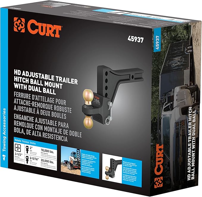 CURT 45937 HD Adjustable Hitch Ball Mount with Dual Ball, 2-1/2" Shank, Up to 20,000 lbs