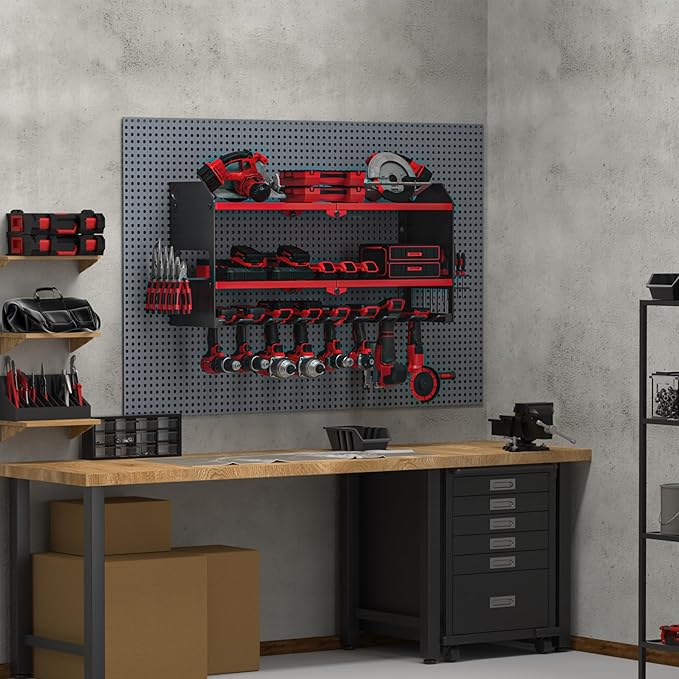 YYR Heavy Duty 6-Level Lumber Storage Rack - Orange & 32 Inch 8 Slots Power Tool Organizer Wall Mount