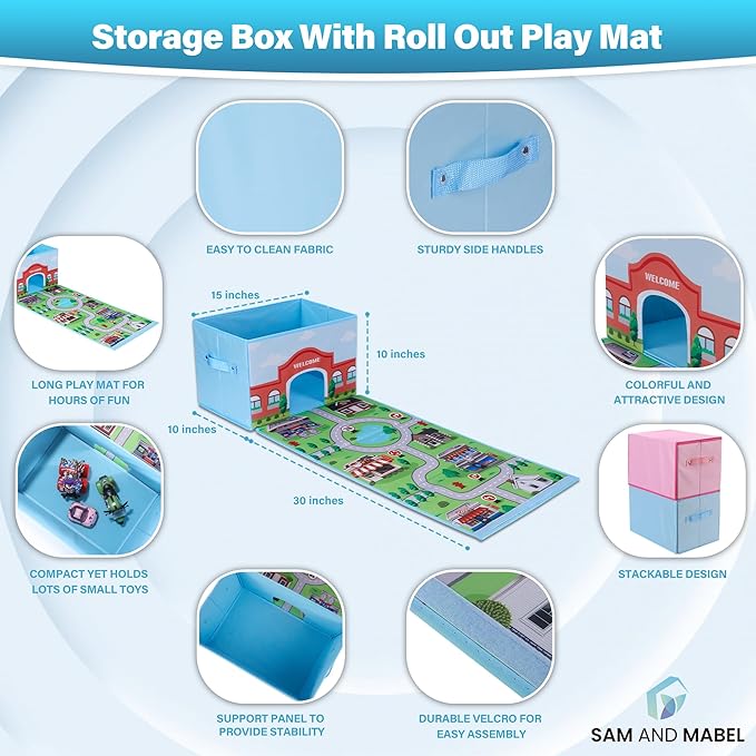 SAM AND MABEL Toy Cars Garage Box – Toy Storage Box with Car Rug Play Mat, Collapsible Storage Organizer for Boys and Girls (GoPlaces)