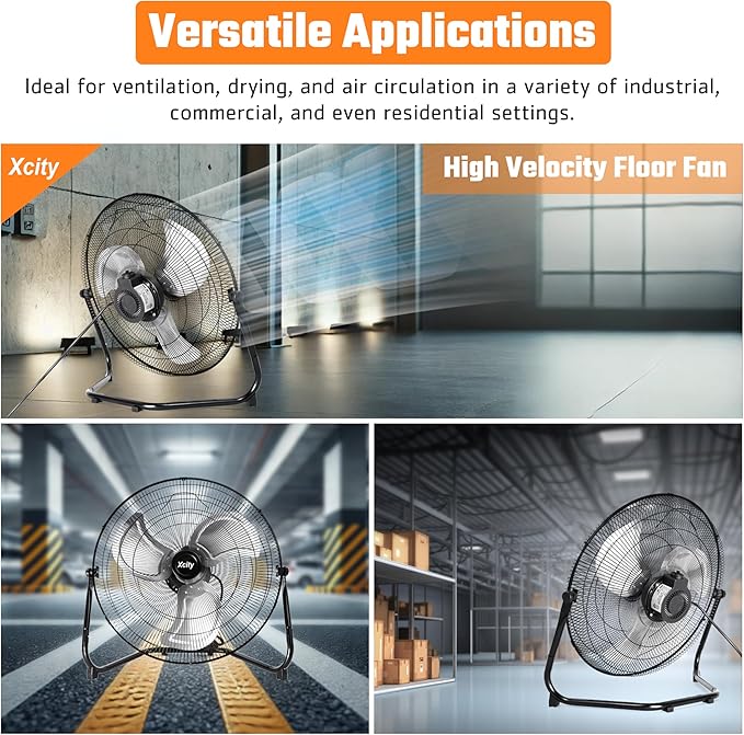 Xcity 18 Inch Metal Industrial Floor Fans, Max 4012 CFM, Heavy Duty High Velocity Fan with 3-speed and 360°Adjustable Tilt, for Warehouse, Workshop, Factory, Garage