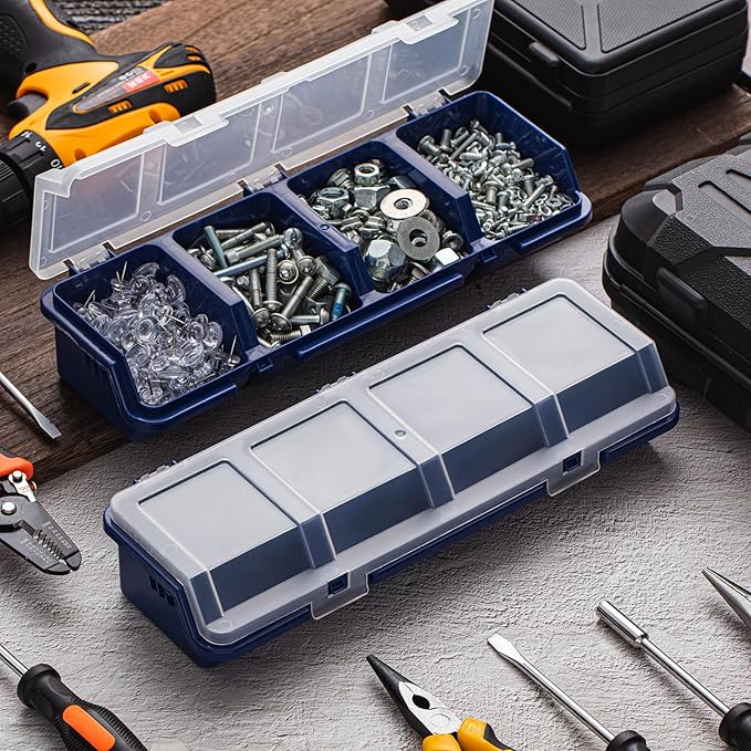 Hushee 8 Pcs Screw Organizer Box with Lid 4 Compartments Tool Bin Divider Plastic Stackable Hardware Organizer Small Part Storage Sorting Screw Box for Garage Workbench Craft Storage (Blue)