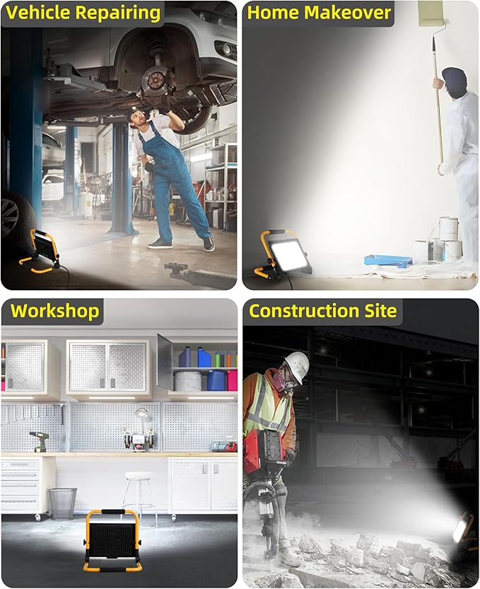 8400LM LED Work Light with 16FT Cord & Switch, 70W Outdoor Flood Light, IP66 Waterproof Portable Job Site Lighting with Stand, 5000K Dayight Worklight for Construction Garage Workshop Car Repairing