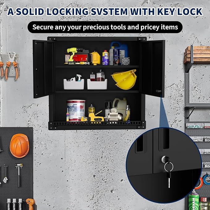 Heavy Duty Steel Garage Wall Cabinet, Floating Hanging Storage Organizer with Shelves & Locks, for Workshop, Warehouse, Kitchen, Black