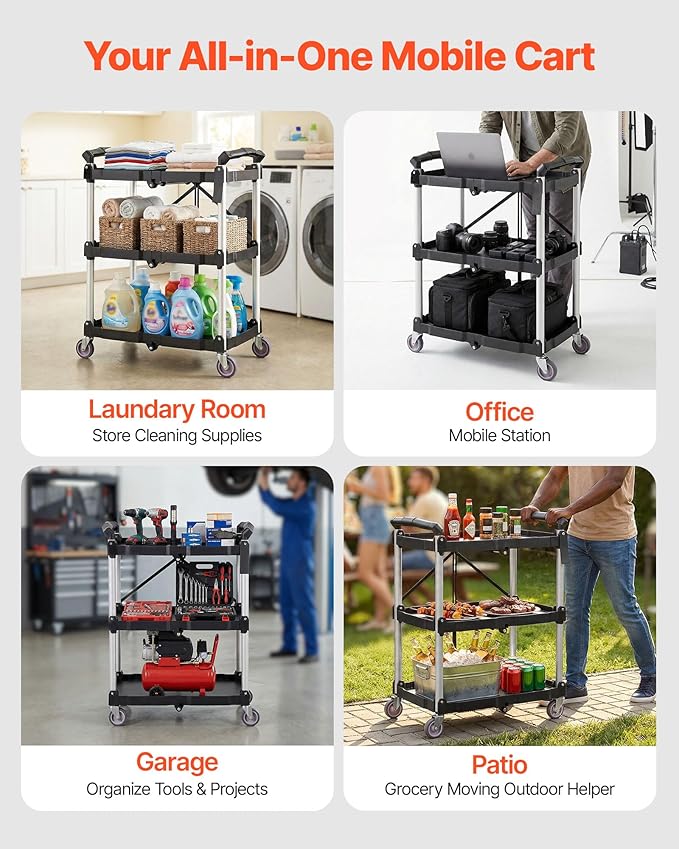 VEVOR Foldable Utility Service Cart, 165LBS 3 Shelf Heavy Duty Plastic Rolling Cart with 360° Swivel Wheels (2 with Brakes), Ergonomic Handle, Portable Garage Tool Cart for Warehouse Office Home