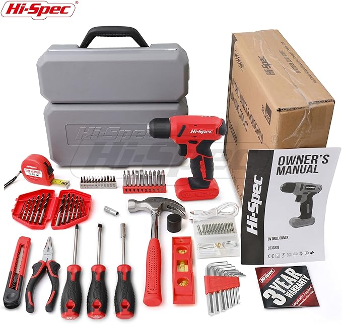 Hi-Spec 58pc Red 8V USB Electric Power Cordless Drill Driver and Home DIY Tool Kit Set. Screw Driver and Drill Bit Set Accessories, Pliers and Hammer In a Toolbox Case