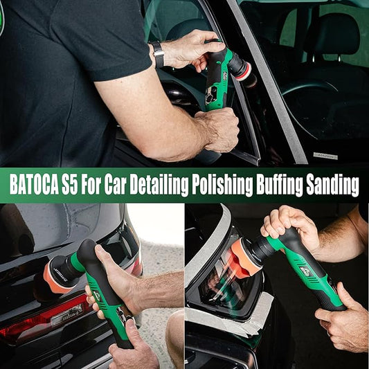 BATOCA S5 Cordless Mini Car Polisher Buffer Machine Dual Action & Rotary Mini Polishing Machine 1x 12V 2A Battery with 1inch 3inch Polishing Pads Kit for Car Motorcycle Deatiling Polish Buffing Clean