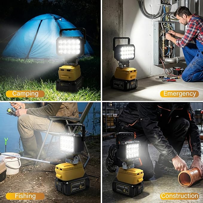 2PCS Cordless LED Work Light for DEWALT Battery, 58w 4800lumens Battery Powered Work Lights for Battery, Portable LED Light with Two USB Charging Port for Workshop, Outdoor, Emergencies