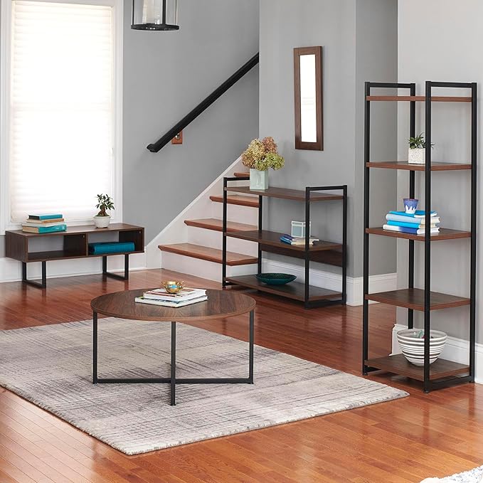 Household Essentials Jamestown Narrow 5 Shelf Open Storage Bookshelf Mid Century Walnut Wood Grain and Black Metal