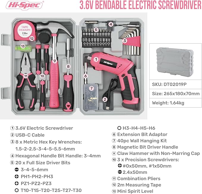 Hi-Spec 42pc Pink 4V USB Electric Power Driver & Household Tool Kit. Cordless Power Screwdriver and Hand Tools in a Compact Box Case