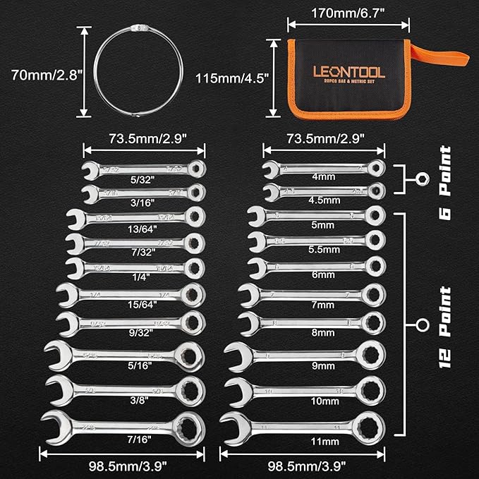 Mini Wrench Set Metric and SAE 20 Pcs Ignition Wrenches 4-11mm & 5/32" to 7/16" Open End Box End Wrench Set with Key Ring, Combination Wrench Sets with Zipper Bag
