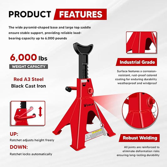 Car Jack Stands 3 Ton Adjustable Auto Floor Jackstands with Double Locking and Large Foot Base for Lifting SUVS, Heavy Duty Carbon Steel 6,000 lb Capacity 2 Pack