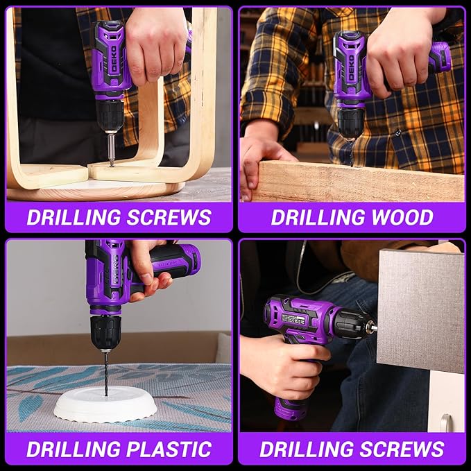 Cordless Drill:DEKOPRO 12V Power Drill Set 800RPM Electric Drills Small Drills with 3/8-inch Keyless Chuck and Portable Tool Set Gift Box (Purple)